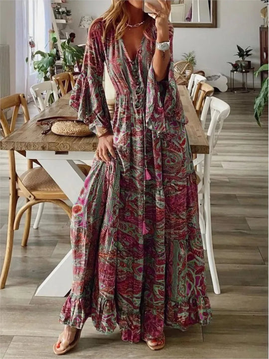 Sukienka maxi w stylu boho o płynnym kroju i detalach – Amira