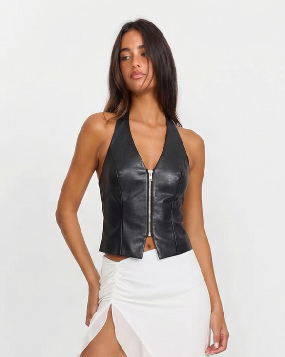 Zelmira | Gorsetowy top z ekoskóry z dekoltem halter
