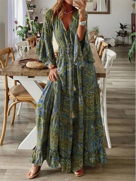 Sukienka maxi w stylu boho o płynnym kroju i detalach – Amira