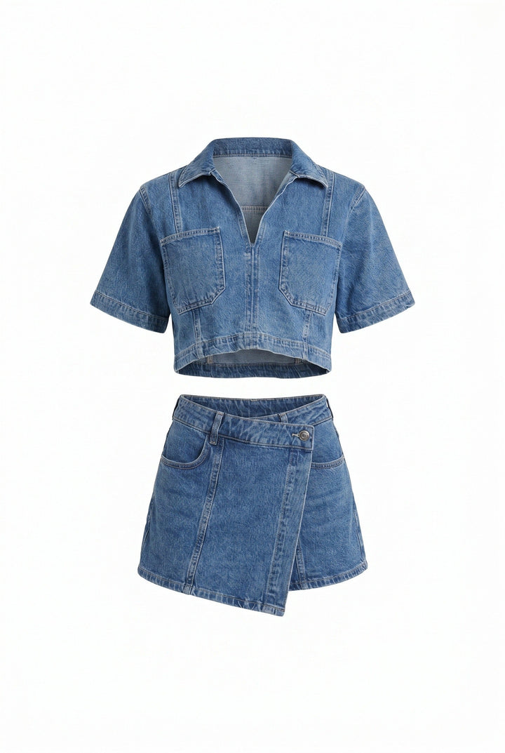 Renata | Zestaw Denim z Asymetryczną Spódnicą