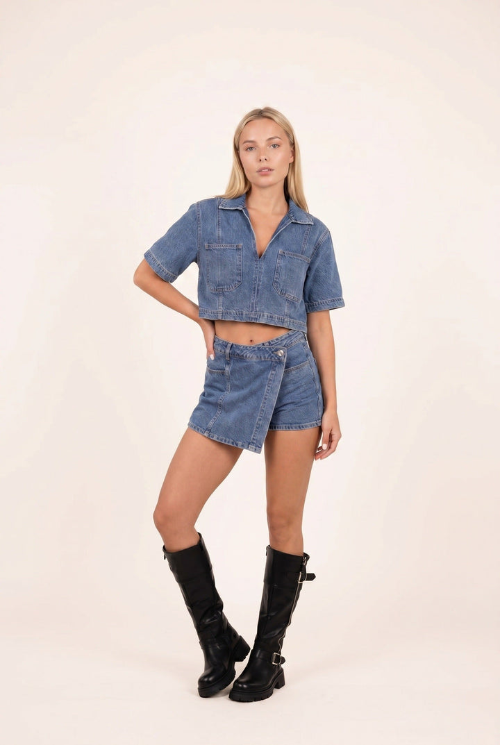 Renata | Zestaw Denim z Asymetryczną Spódnicą