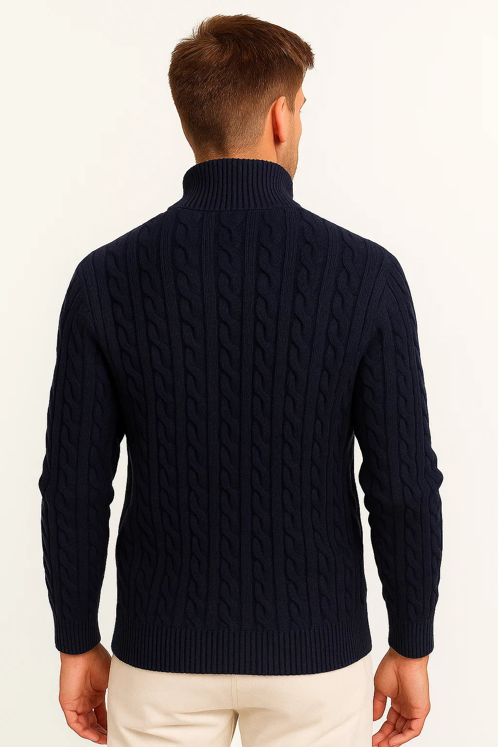 Męski sweter w splot warkoczowy z krótkim zamkiem – Edmond