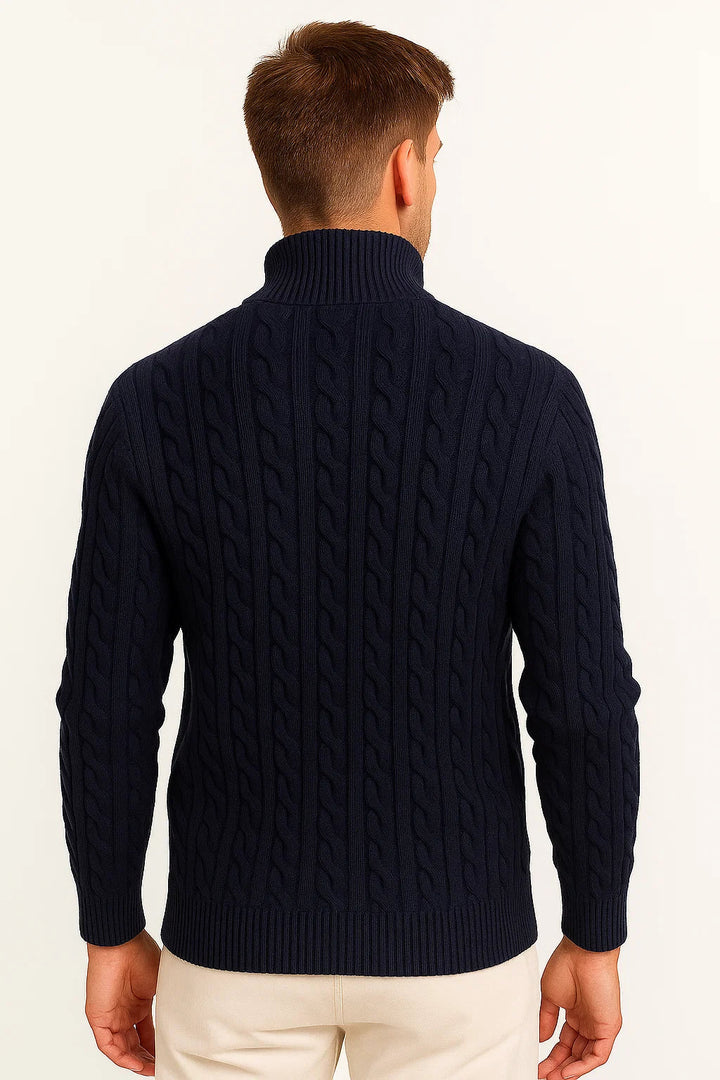 Męski sweter w splot warkoczowy z krótkim zamkiem – Edmond