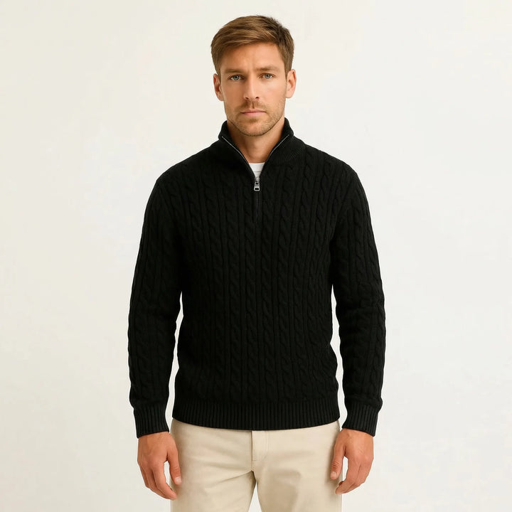 Męski sweter w splot warkoczowy z krótkim zamkiem – Edmond