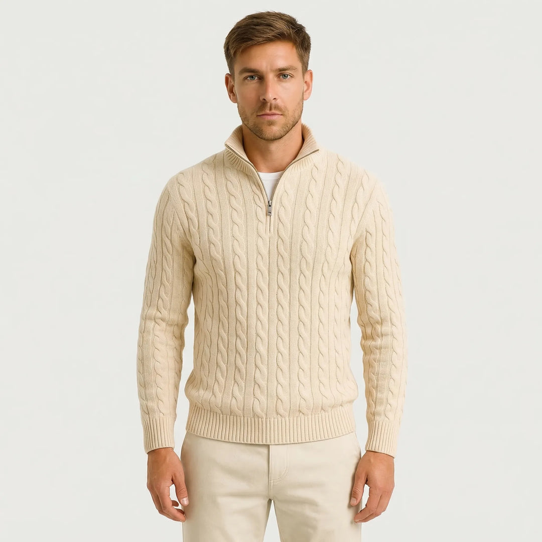 Męski sweter w splot warkoczowy z krótkim zamkiem – Edmond