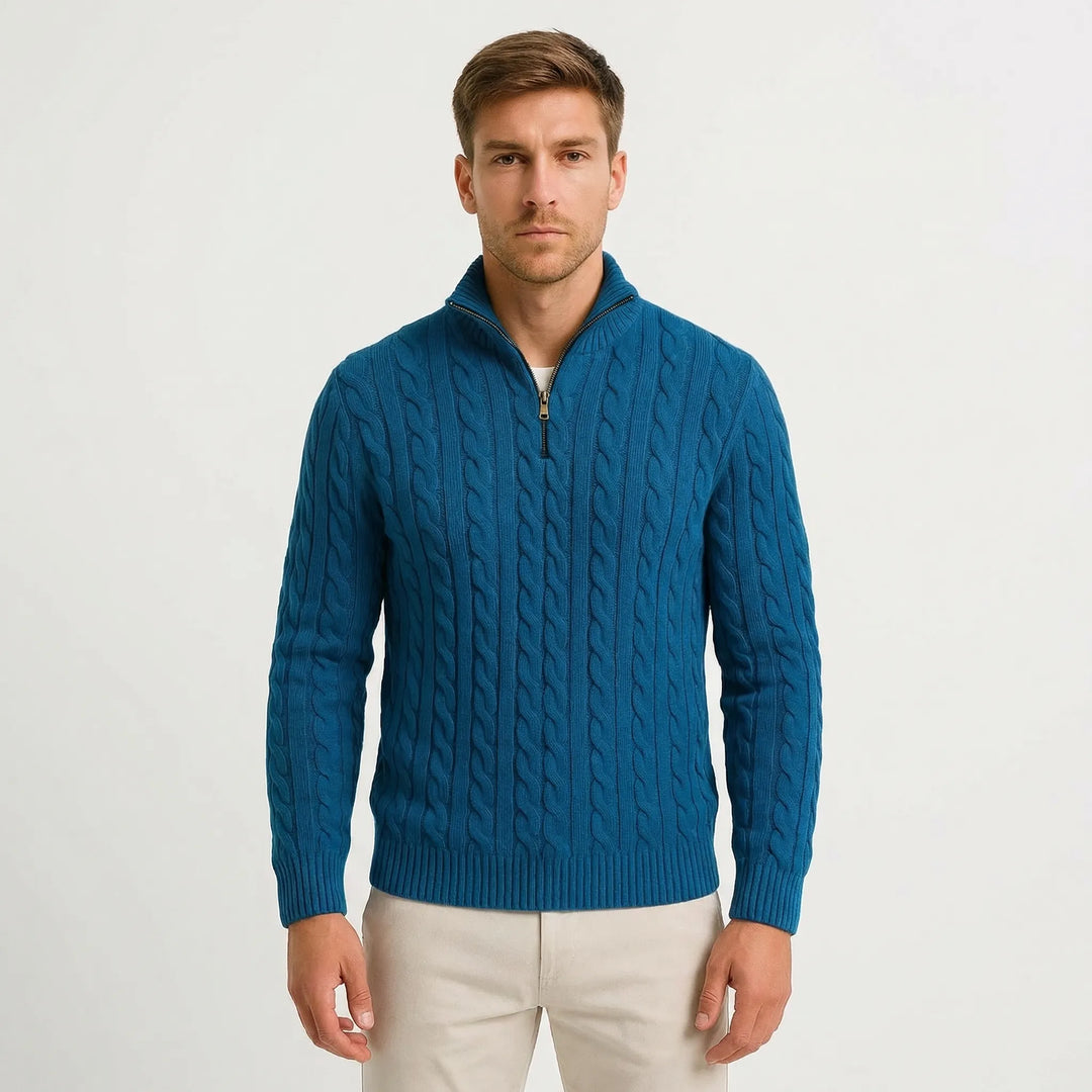 Męski sweter w splot warkoczowy z krótkim zamkiem – Edmond