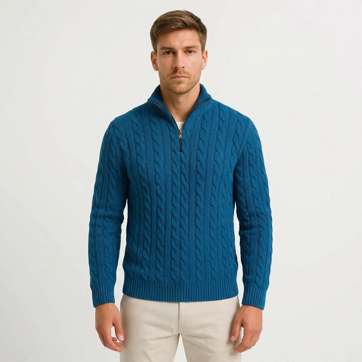 Męski sweter w splot warkoczowy z krótkim zamkiem – Edmond
