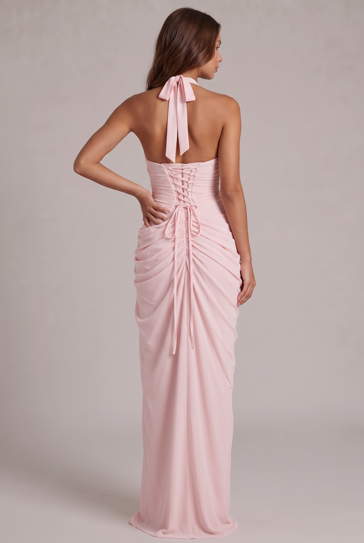 Kaminski | Elegancka Sukienka Maxi Halter z Drapowaniem i Rozcięciem