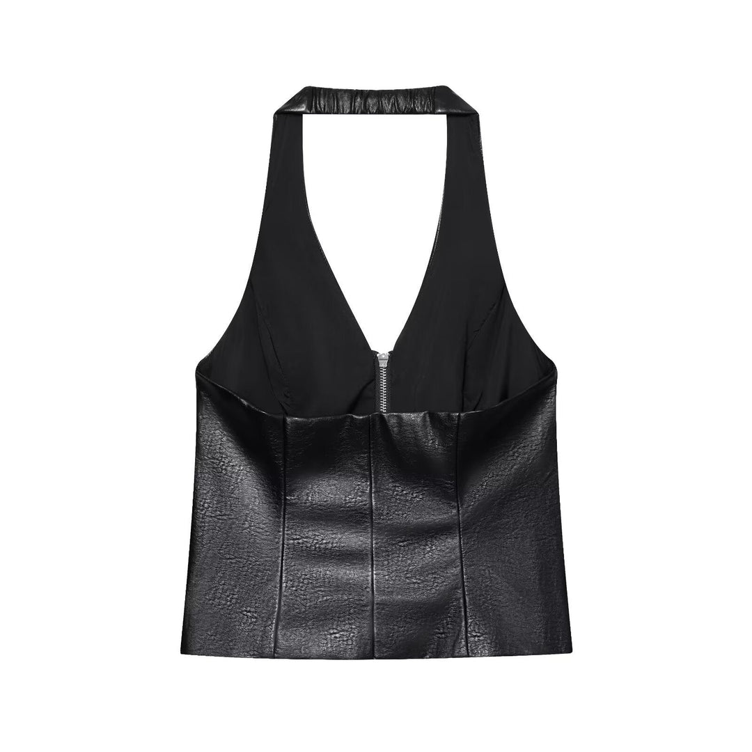 Zelmira | Gorsetowy top z ekoskóry z dekoltem halter