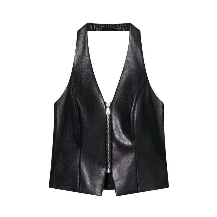 Zelmira | Gorsetowy top z ekoskóry z dekoltem halter