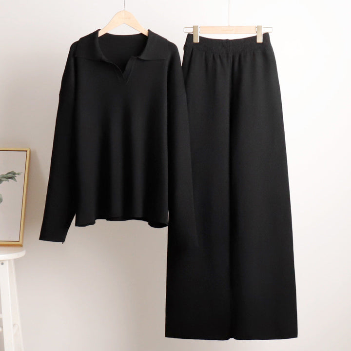 Indy | Damski dres z oversize polo swetrem i szerokimi spodniami w kolorze piaskowym