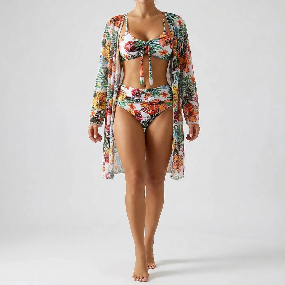 Trzyczęściowy komplet bikini w tropikalne kwiaty - Dixie