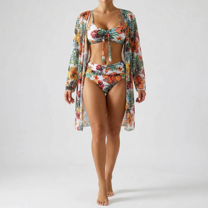 Trzyczęściowy komplet bikini w tropikalne kwiaty - Dixie