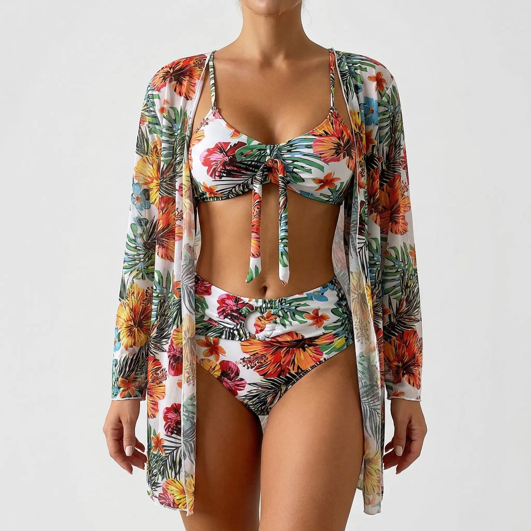 Trzyczęściowy komplet bikini w tropikalne kwiaty - Dixie