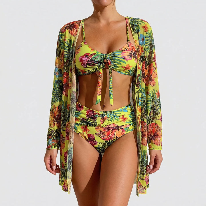 Trzyczęściowy komplet bikini w tropikalne kwiaty - Dixie