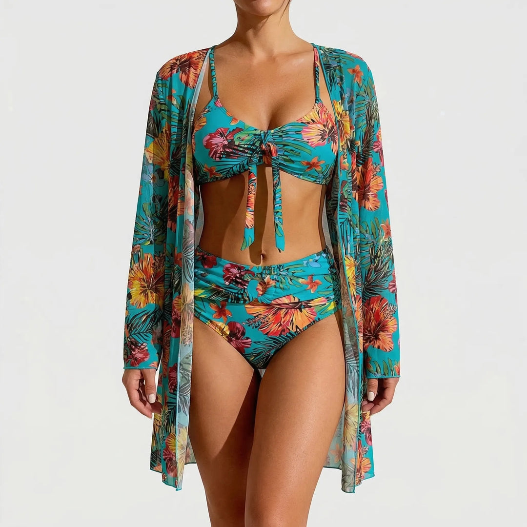 Trzyczęściowy komplet bikini w tropikalne kwiaty - Dixie