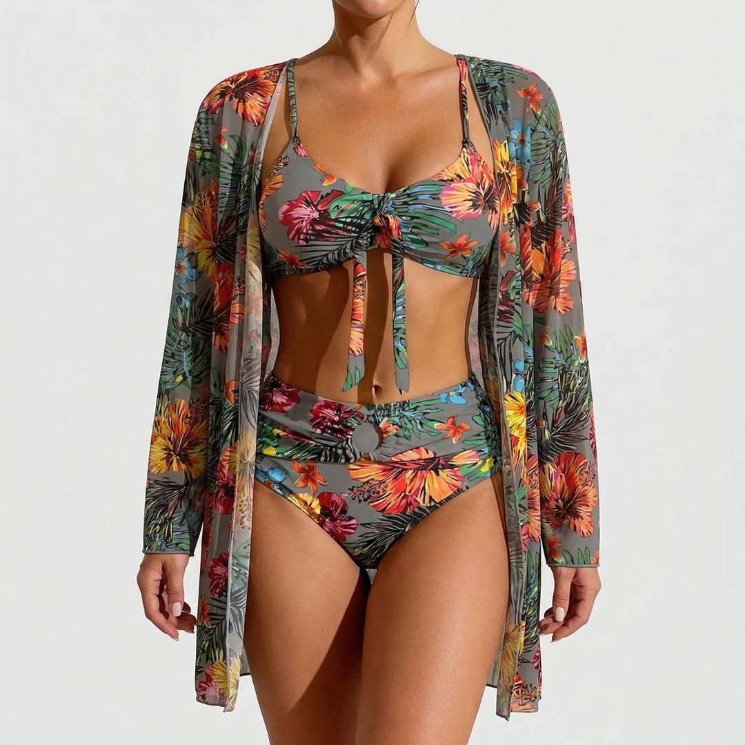 Trzyczęściowy komplet bikini w tropikalne kwiaty - Dixie