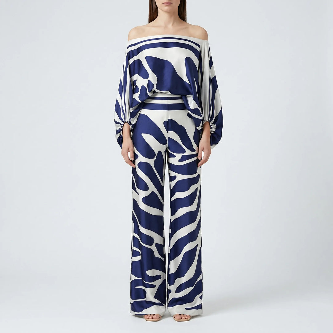 Dwuczęściowy komplet z topem off-shoulder i szerokim krojem - Fannie