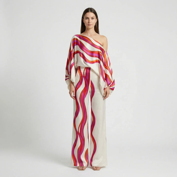 Dwuczęściowy komplet z topem off-shoulder i szerokim krojem - Fannie
