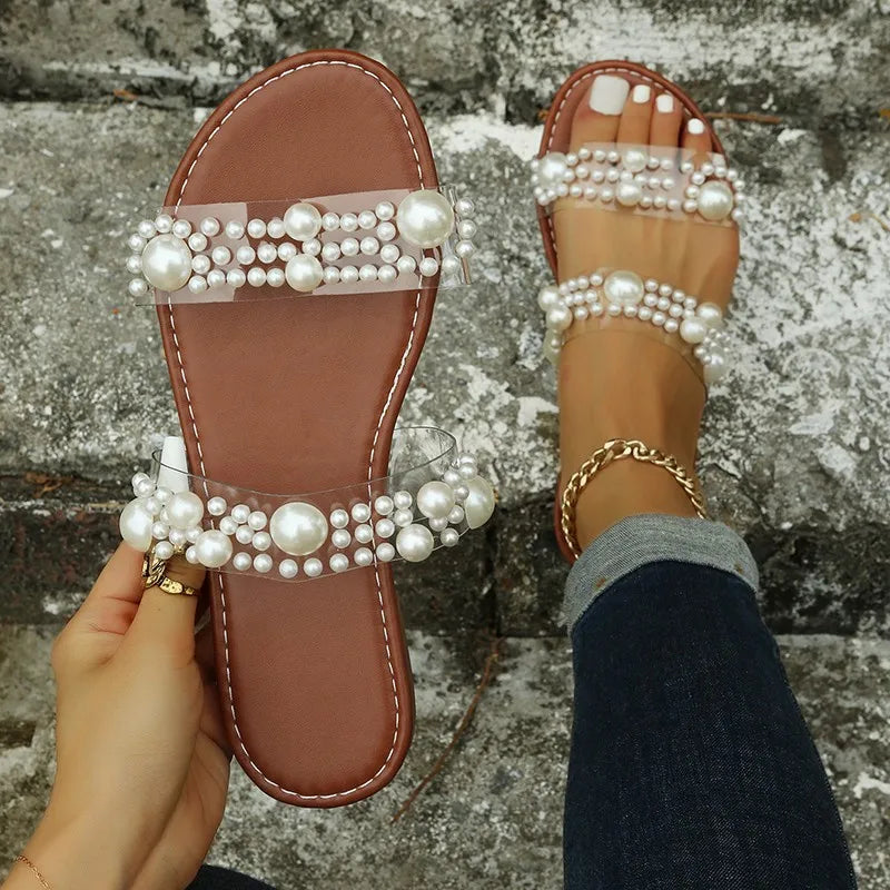 Bohemian Slip-On Damskie Sandały z Ozdobą z Pereł – Elvyna