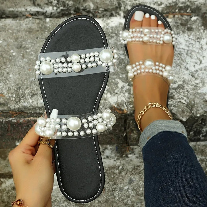 Bohemian Slip-On Damskie Sandały z Ozdobą z Pereł – Elvyna