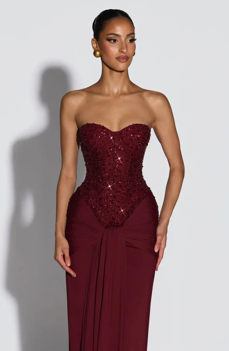 Kaminski | Elegancka sukienka maxi z gorsetem zdobionym koralikami