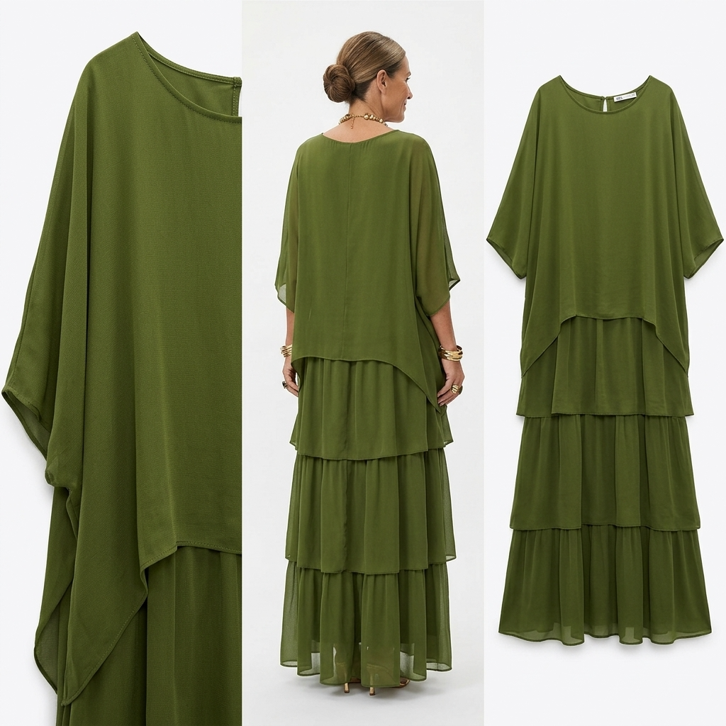 Kaminski | Elegancka Sukienka Maxi z Warstwowymi Falbanami i Luźnym Fasonem
