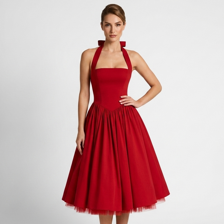 Kaminski | Elegancka Sukienka Midi Halter z Rozkloszowaną Spódnicą i Kieszeniami