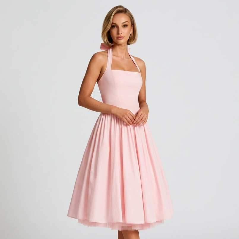 Kaminski | Elegancka Sukienka Midi Halter z Rozkloszowaną Spódnicą i Kieszeniami