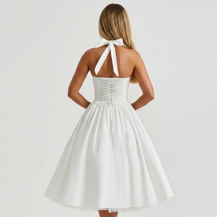 Kaminski | Elegancka Sukienka Midi Halter z Rozkloszowaną Spódnicą i Kieszeniami