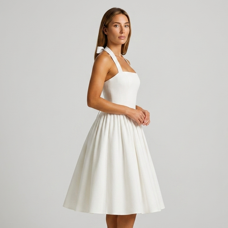 Kaminski | Elegancka Sukienka Midi Halter z Rozkloszowaną Spódnicą i Kieszeniami