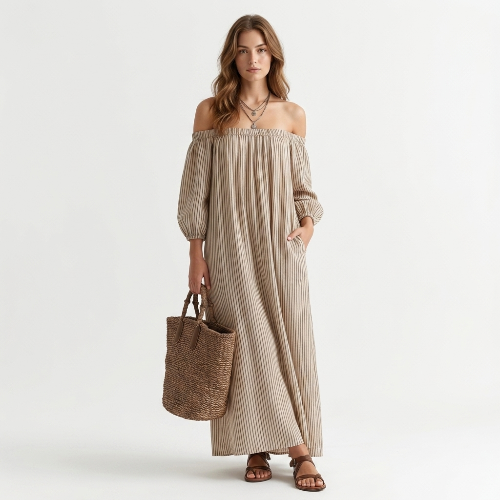 Kaminski | Oversize Sukienka Maxi z Odkrytymi Ramionami i Luźnymi Rękawami