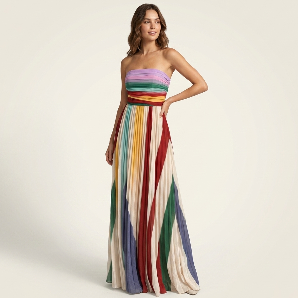 Kaminski | Plisowana Sukienka Maxi Strapless w Wielokolorowe Pasy