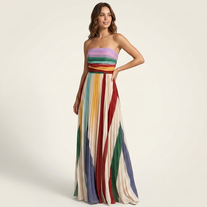 Kaminski | Plisowana Sukienka Maxi Strapless w Wielokolorowe Pasy