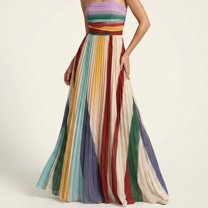 Kaminski | Plisowana Sukienka Maxi Strapless w Wielokolorowe Pasy