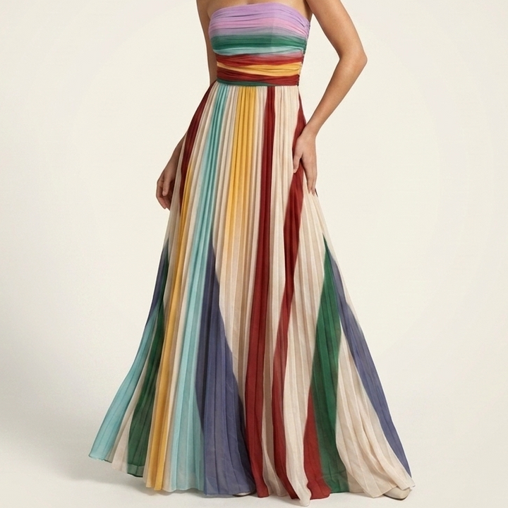 Kaminski | Plisowana Sukienka Maxi Strapless w Wielokolorowe Pasy
