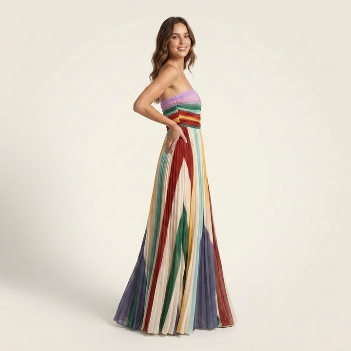 Kaminski | Plisowana Sukienka Maxi Strapless w Wielokolorowe Pasy