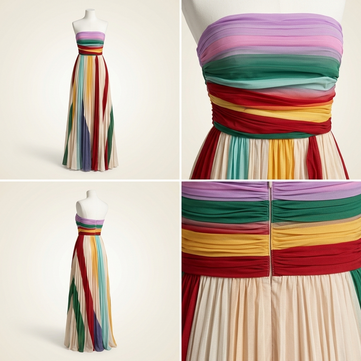 Kaminski | Plisowana Sukienka Maxi Strapless w Wielokolorowe Pasy