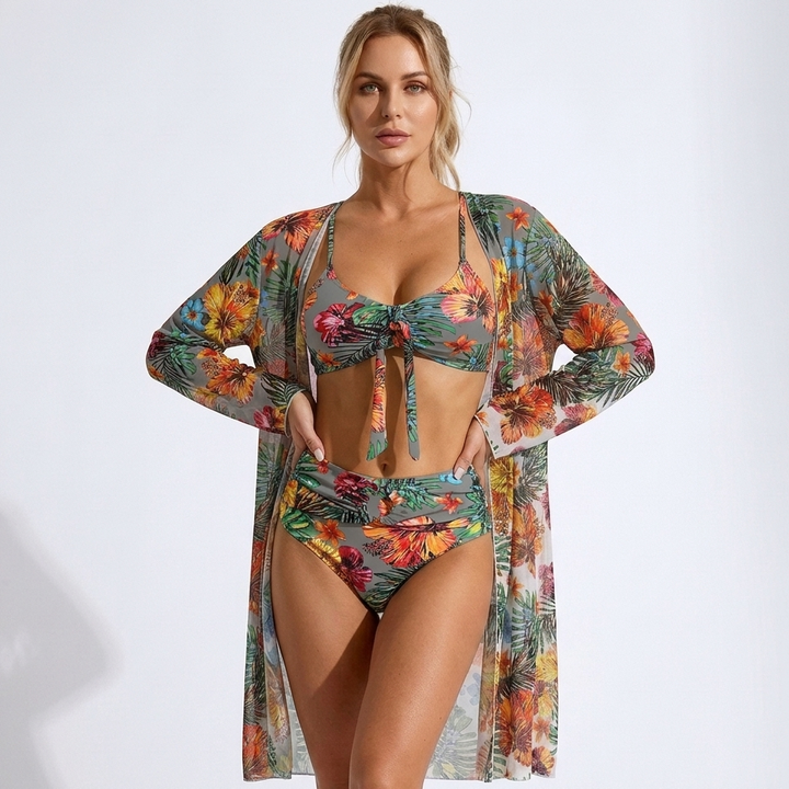 Kaminski | Damskie Bikini z Kwiatowym Wzorem i Narzutką Plażową