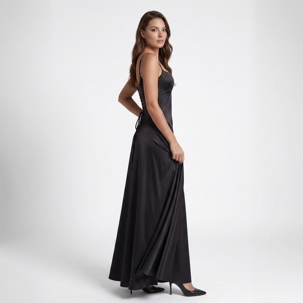 Kaminski | Elegancka Satynowa Sukienka Maxi z Kwadratowym Dekoltem