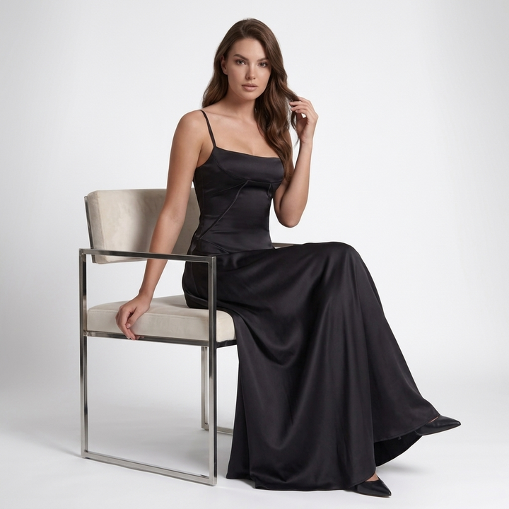 Kaminski | Elegancka Satynowa Sukienka Maxi z Kwadratowym Dekoltem