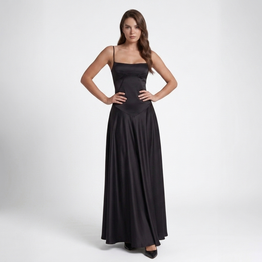 Kaminski | Elegancka Satynowa Sukienka Maxi z Kwadratowym Dekoltem
