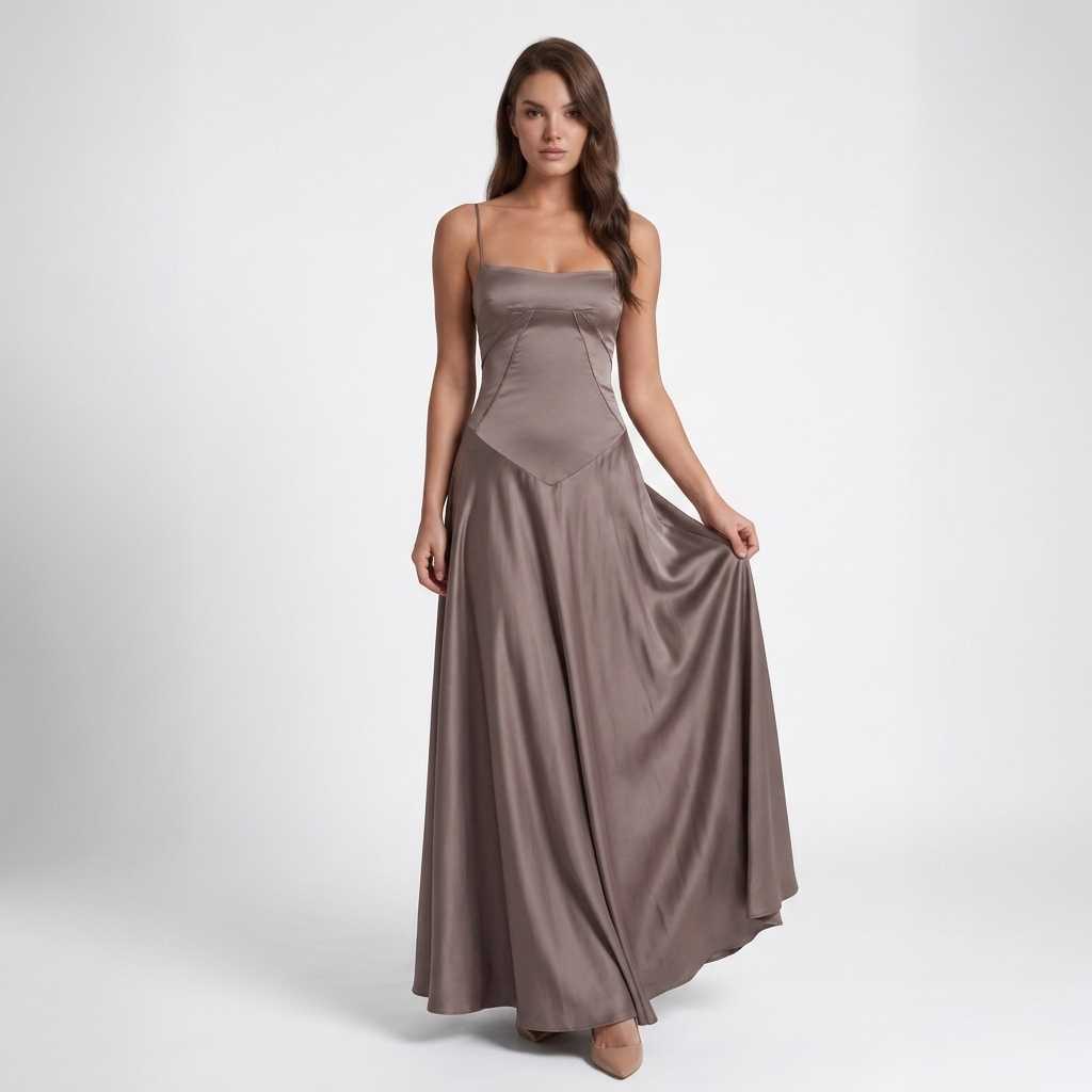 Kaminski | Elegancka Satynowa Sukienka Maxi z Kwadratowym Dekoltem
