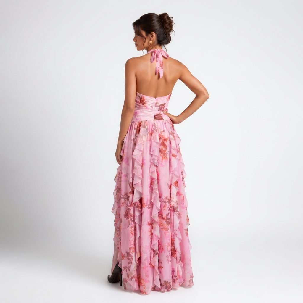 Kaminski | Sukienka Maxi w Kwiatowy Print z Falbanami i Dekoltem Halter