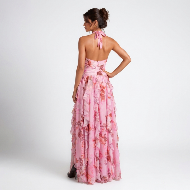 Kaminski | Sukienka Maxi w Kwiatowy Print z Falbanami i Dekoltem Halter