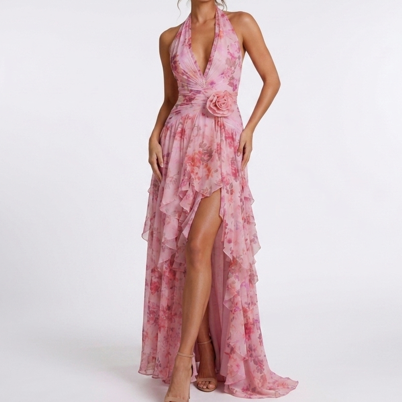 Kaminski | Sukienka Maxi w Kwiatowy Print z Falbanami i Dekoltem Halter