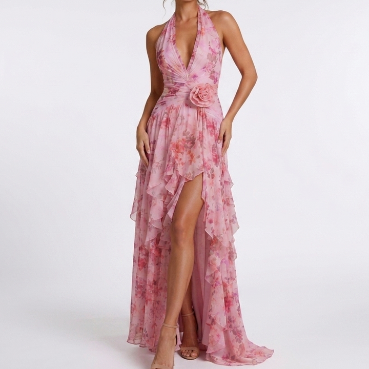 Kaminski | Sukienka Maxi w Kwiatowy Print z Falbanami i Dekoltem Halter