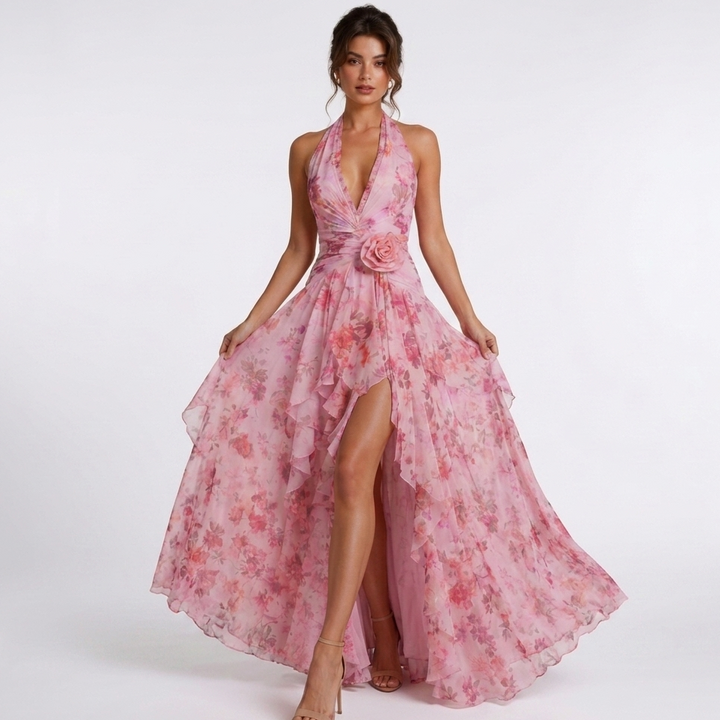 Kaminski | Sukienka Maxi w Kwiatowy Print z Falbanami i Dekoltem Halter