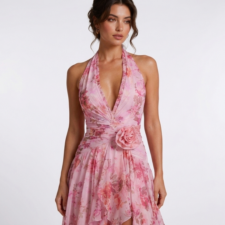 Kaminski | Sukienka Maxi w Kwiatowy Print z Falbanami i Dekoltem Halter