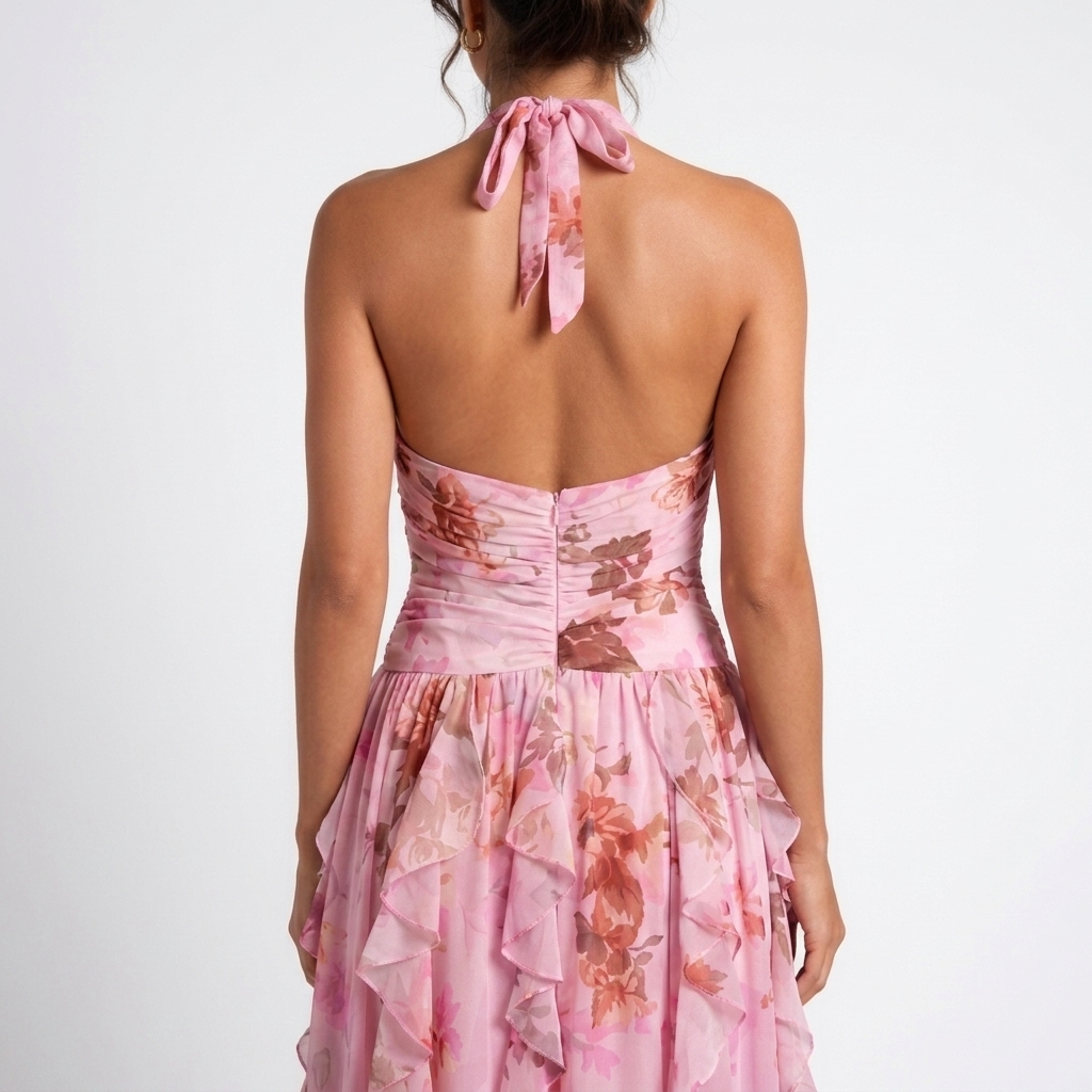 Kaminski | Sukienka Maxi w Kwiatowy Print z Falbanami i Dekoltem Halter